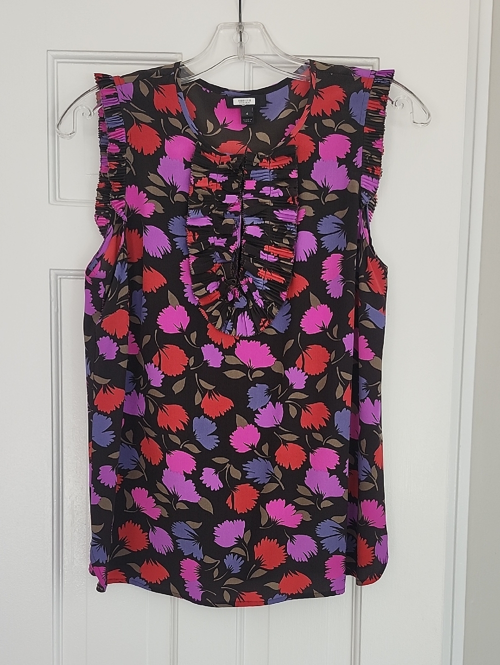 J.Crew Floral Ruffle Sleeveless Top - Black with Pink & Red